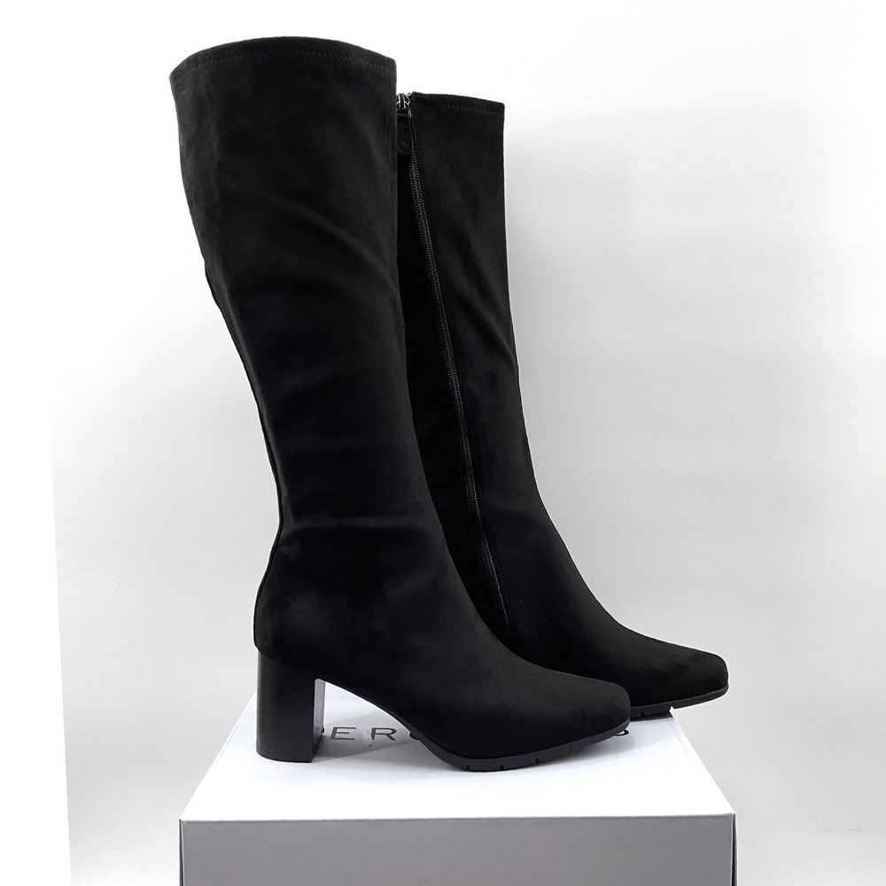 Aerosoles Micah Black Stretch Textile Square Toe Block Heel Knee High Boots 8.5M